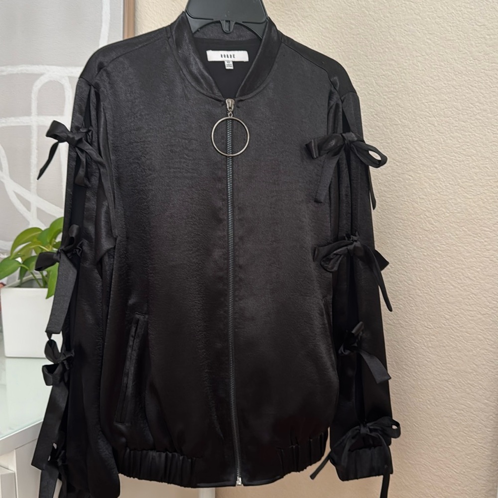 RO & DE satin black bomber jacket with ties at sleeve black sz XSmall